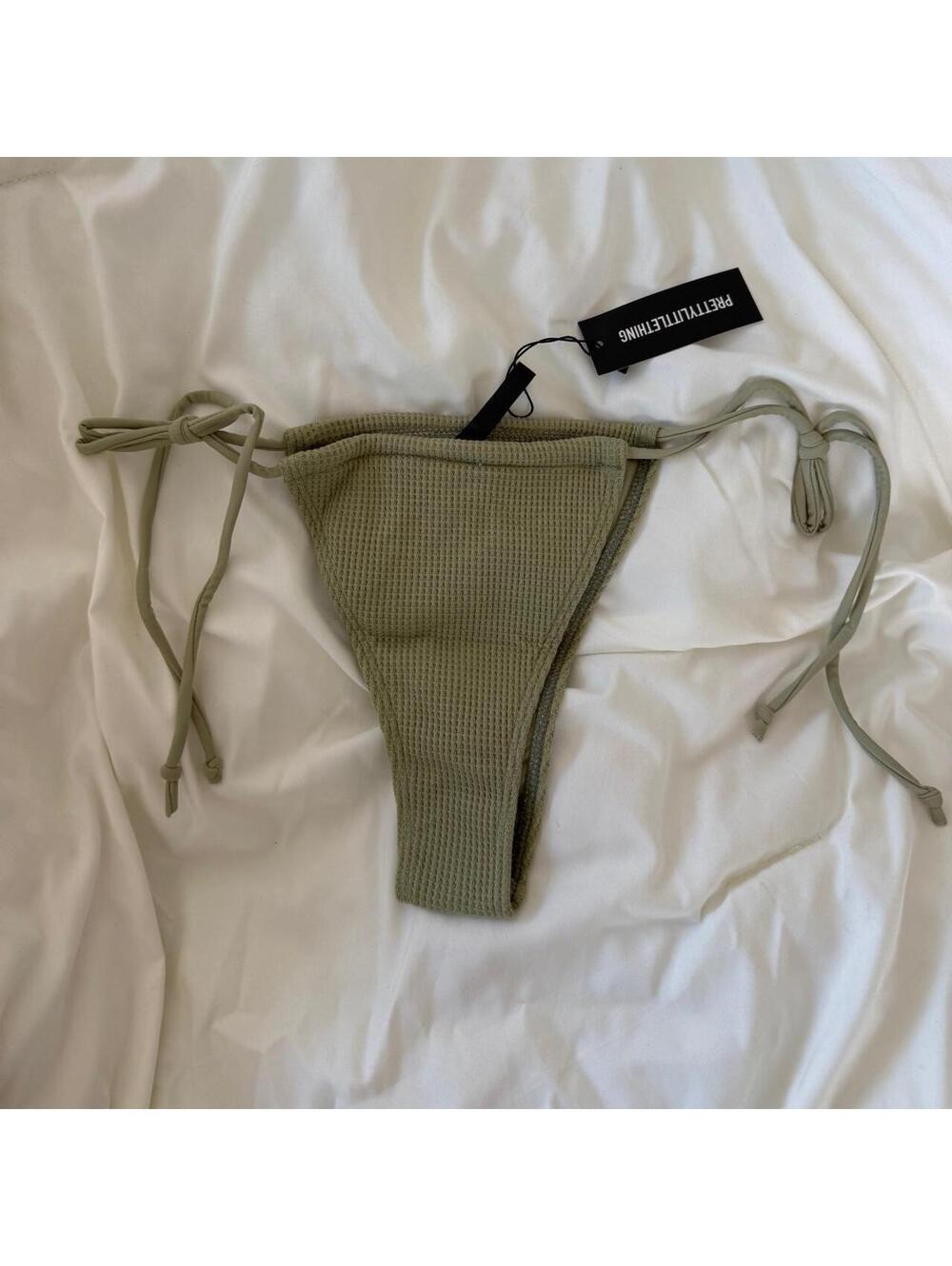 Pretty little thing sage green textured tie bikini bottom NWT